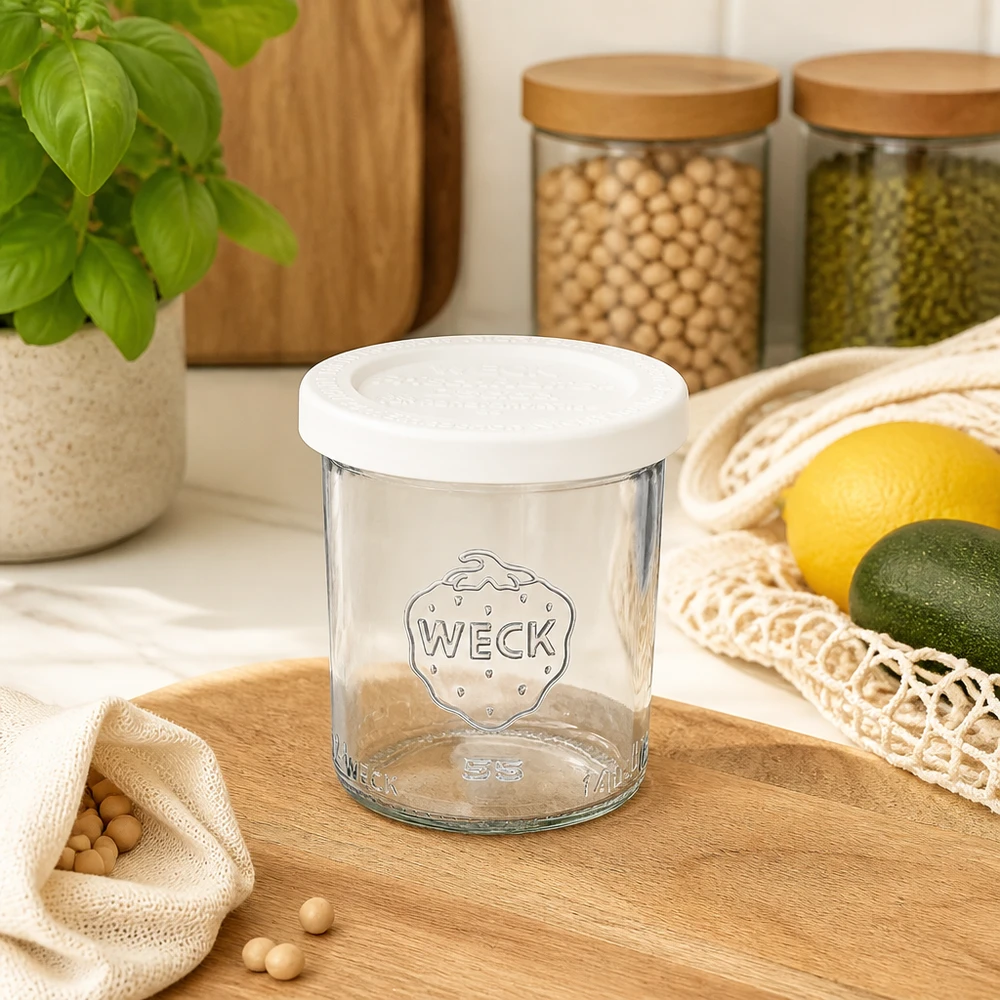 WECK RR60-pot van 140 ml met vershouddeksel WECK 140 ml bekers RR60 leeg met vershouddeksel in moderne keukens naast voorraadpotten en vers fruit