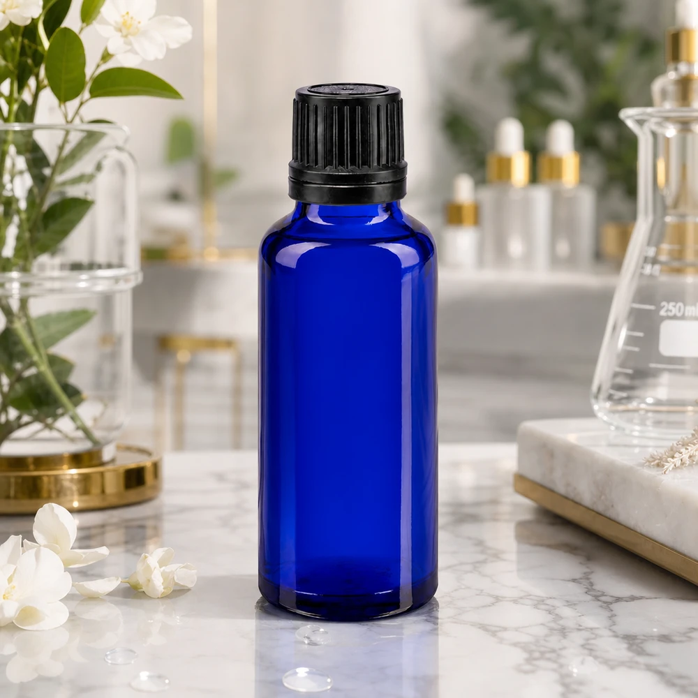 Blauwe glazen flessen 30ml met zwart druppelsluiting 1mm VR Lichtbeschermende fles van blauw apothekersglas, 30 ml, met zwarte druppeldop, OV