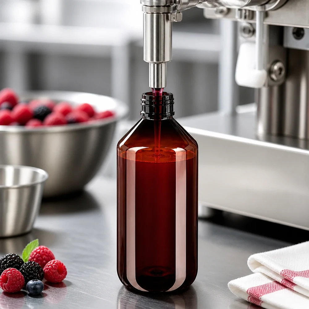 PET-fles 500ml met zwarte spuitdop OV Lebensmittelgerechte 500ml PET Flasche braun mit schwarzem Spritzverschluss bei Beerenabfüllung
