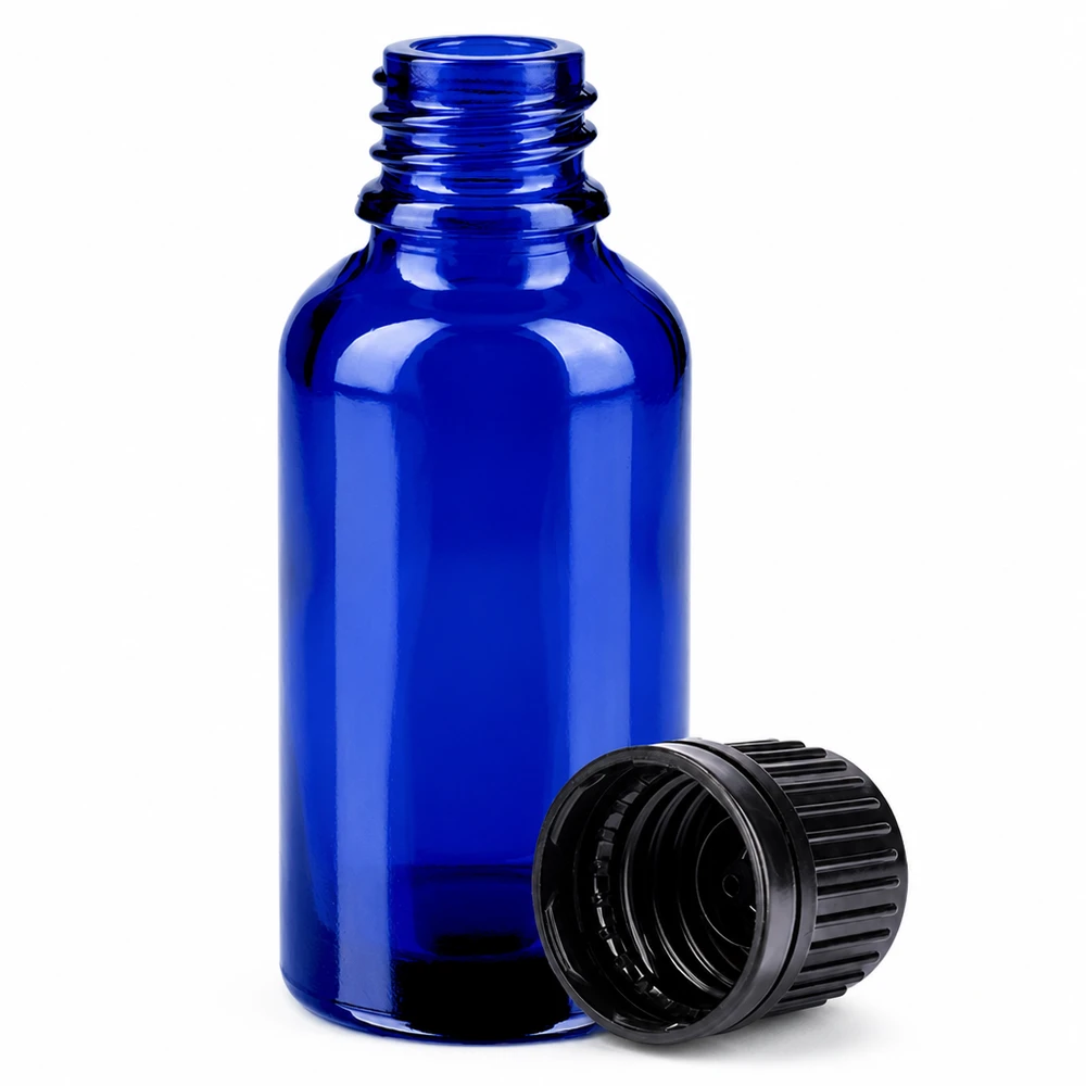 Opslagflesje van 30 ml in intens blauw voor het veilig bewaren van vloeistoffen