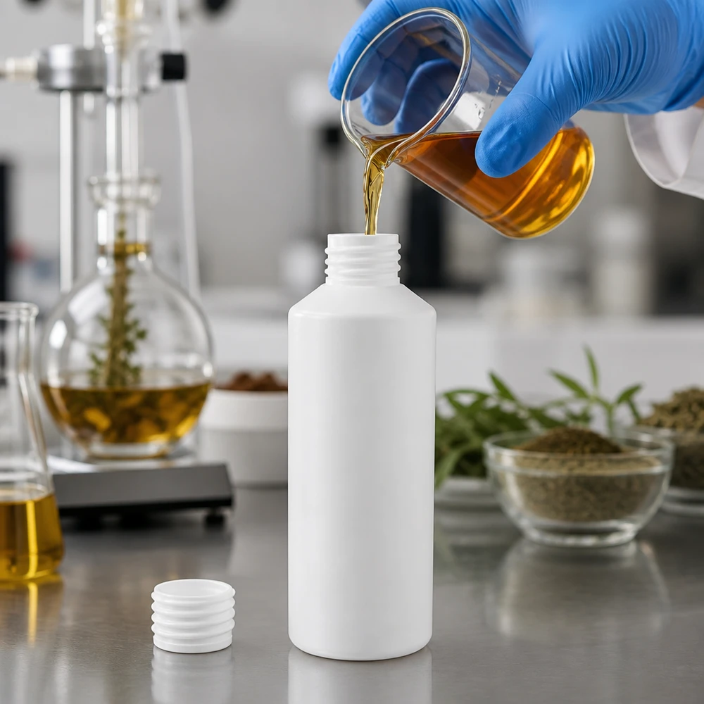 Het vullen van een witte HDPE-fles van 100 ml met goudkleurig plantenextract in het laboratorium