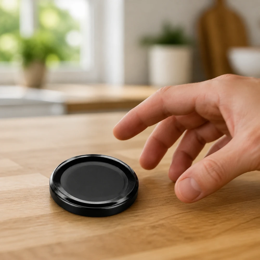 UNiTWIST 58 mm BasicSeal-deksel TO58deep zwart, compact ontwerp, close-up in de keuken