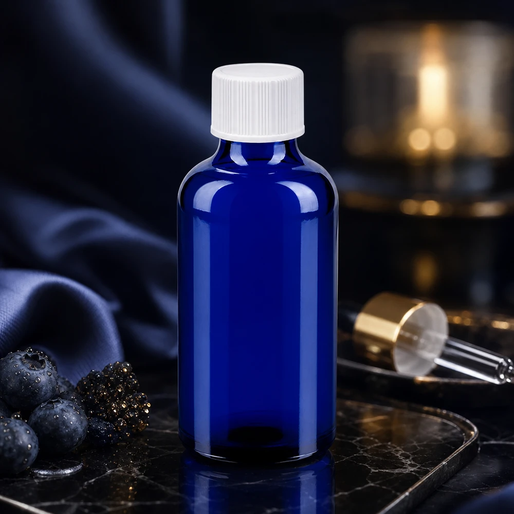 Premium 50 ml flesje van UV-beschermend blauw glas met lekvrij wit deksel