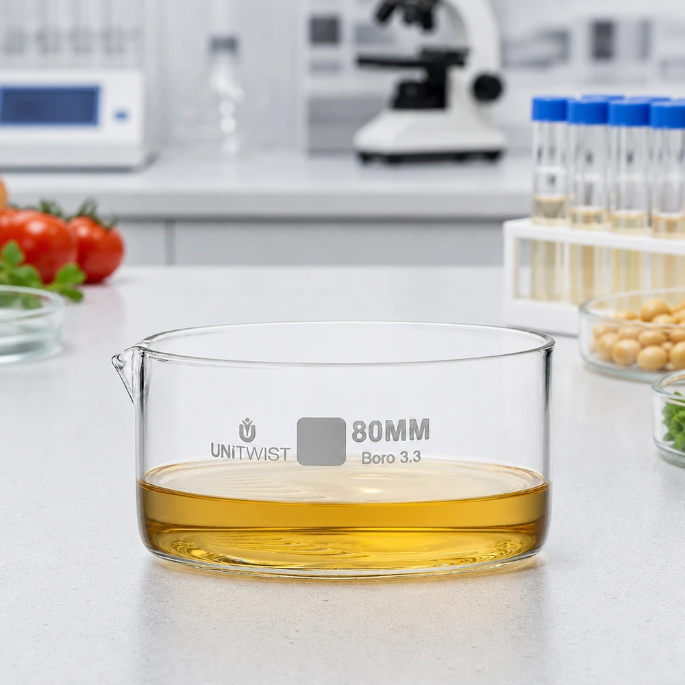 Lage kristallisatieschaal van hittebestendig borosilicaatglas, 80 mm, met schenktuit UNiTWIST
