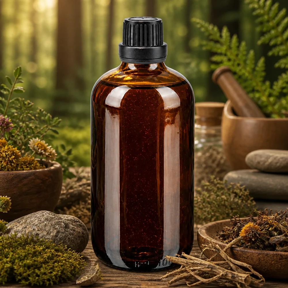 Bruine glazen fles 100ml met zwart druppelsluiting 2mm VR Bruine glazen fles van 100 ml met OV-schroefdop, omringd door geneeskrachtige planten in een natuurlijke omgeving
