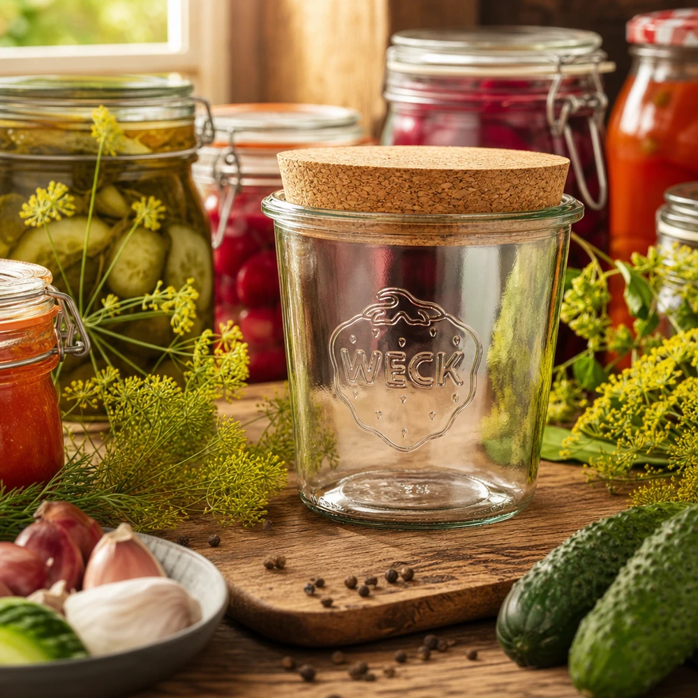 580ml stortglas WECK RR100 met kurk WECK inmaakpot 580ml RR100 kurkdeksel in rustieke keuken versierd met kruiden augurken en inmaak accessoires