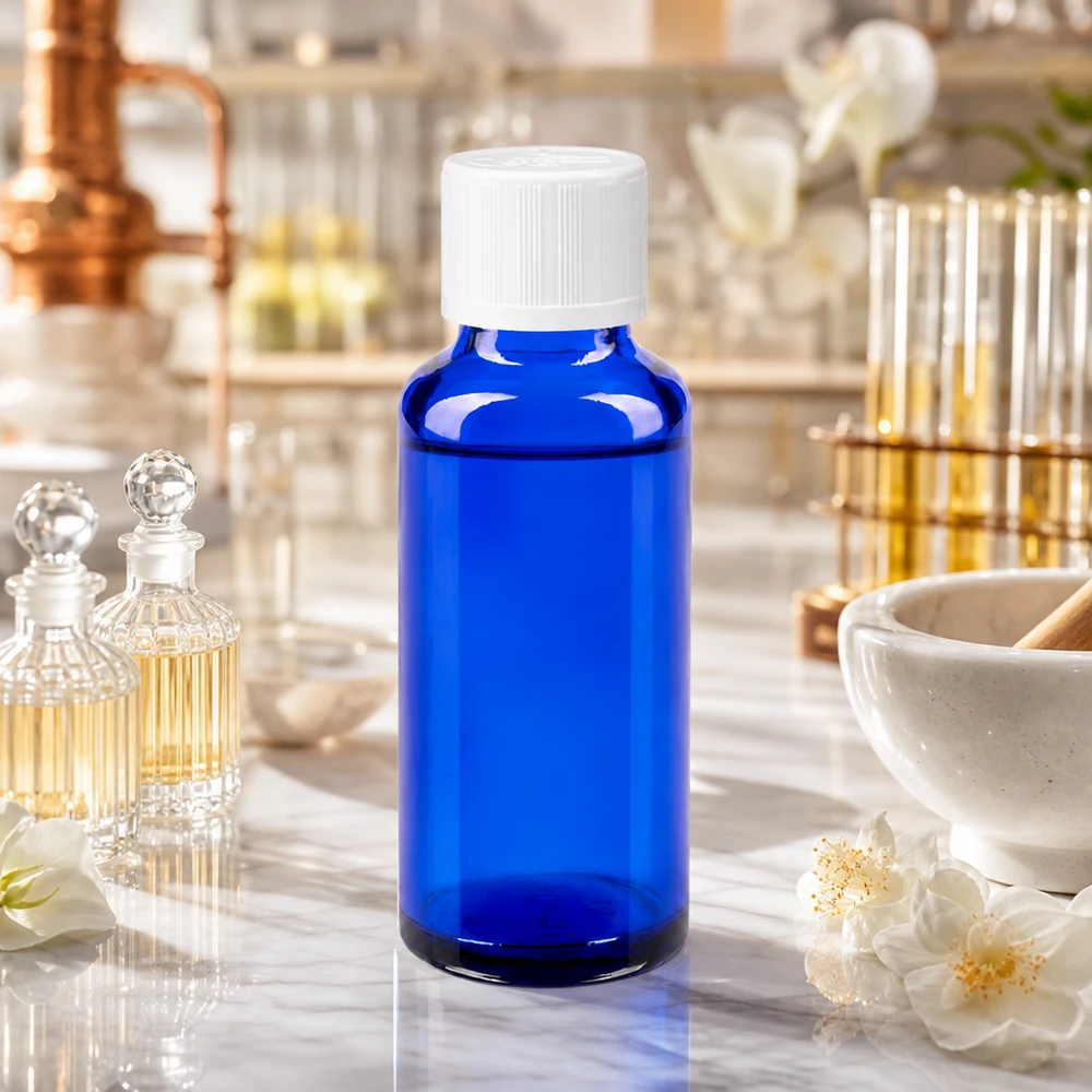 Blauwe glazen flessen 30ml met wit druppelsluiting kinderslot St Blauwe glazen fles van 30 ml met precisiedruppelaar, tussen kristallen flesjes en gouden reageerbuisjes