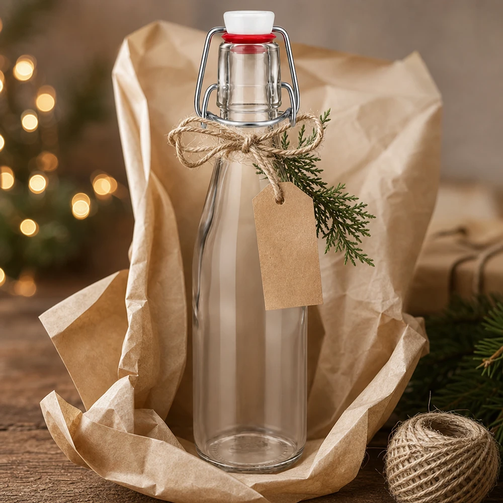 Glazen fles van 250 ml + zwenktop porseleinen UN... 250ml Glasflasche mit Bügelverschluss als Geschenk verpackt mit Juteschnur, Kraftpapier-Anhänger und Tannenzweig