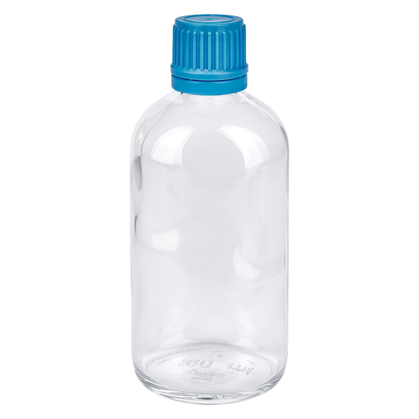 100ml flacon 11mm SV blauw OV ClearLine UT18/100 ClearLine-glazen fles van 100 ml met blauwe schroefdop (11 mm) en verzegeling