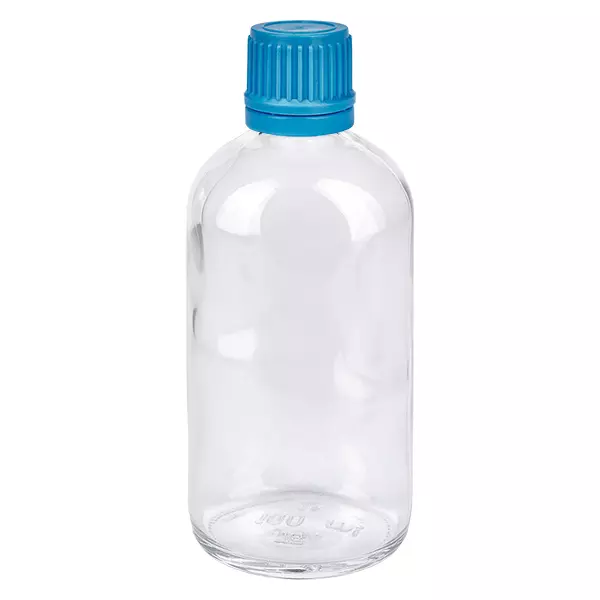ClearLine-glazen fles van 100 ml met blauwe schroefdop (11 mm) en verzegeling