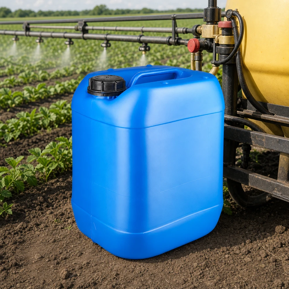 Stevige blauwe jerrycan van 20 liter met OV-deksel voor de opslag van landbouwchemicaliën in de open lucht