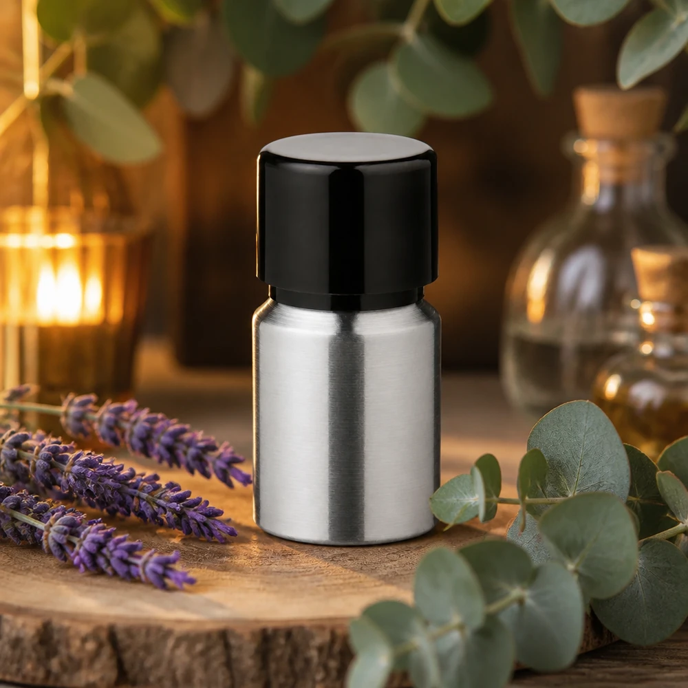10 ml aluminium fles geslepen incl. schroefdop zwart met conusafdichting Herbruikbaar aluminium flesje van 10 ml met een elegante gepolijste look voor doe-het-zelfcosmetica