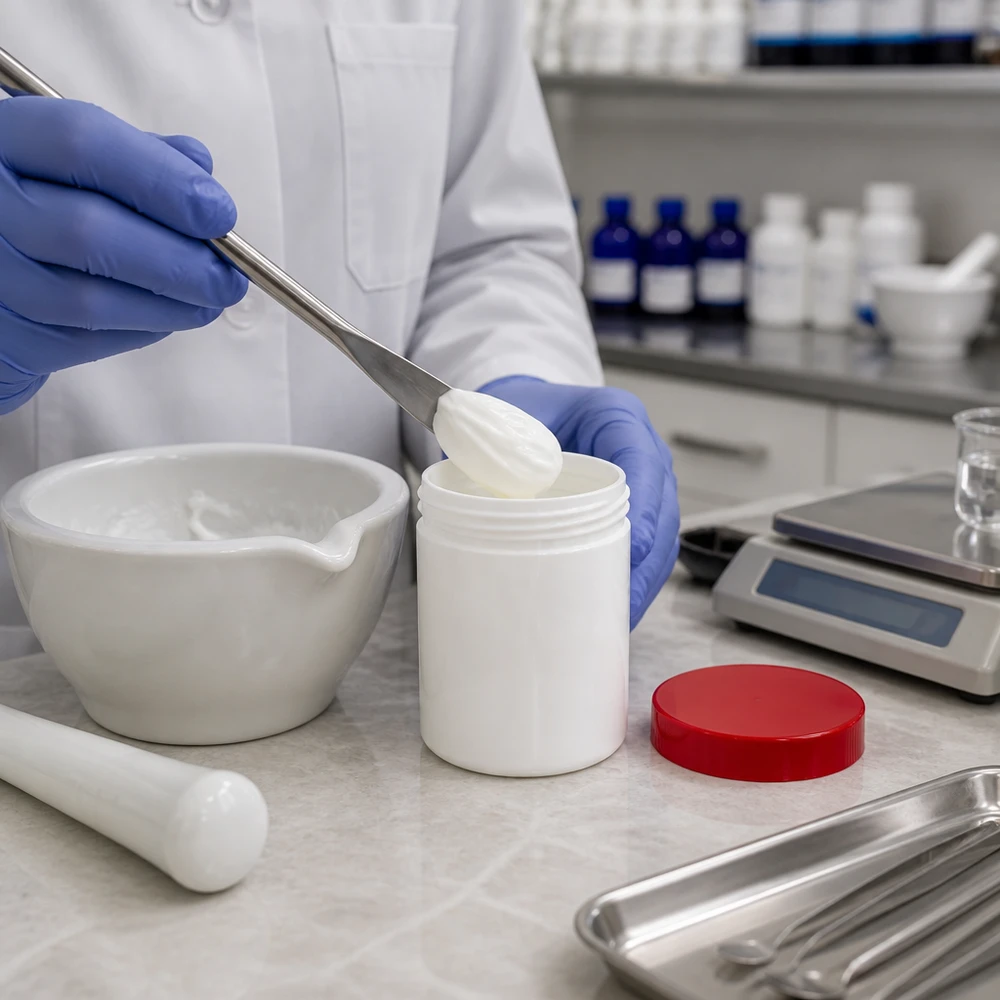 75 g pot met brede hals van wit PP met rode schroefdop voor plaatselijke preparaten