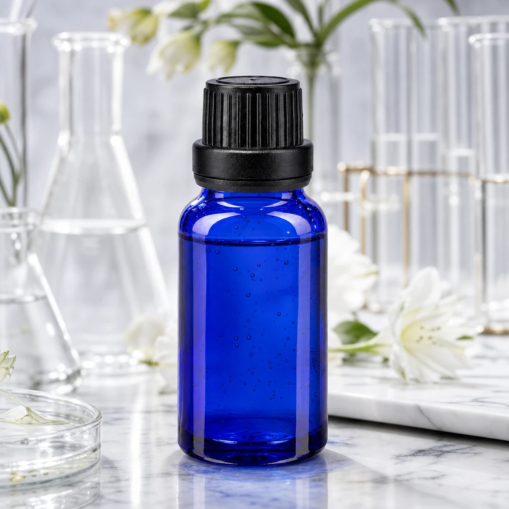 Hoogwaardige blauwe glazen fles van 10 ml met een doseerinzetstuk van 2 mm voor een nauwkeurige dosering van etherische oliën met druppels