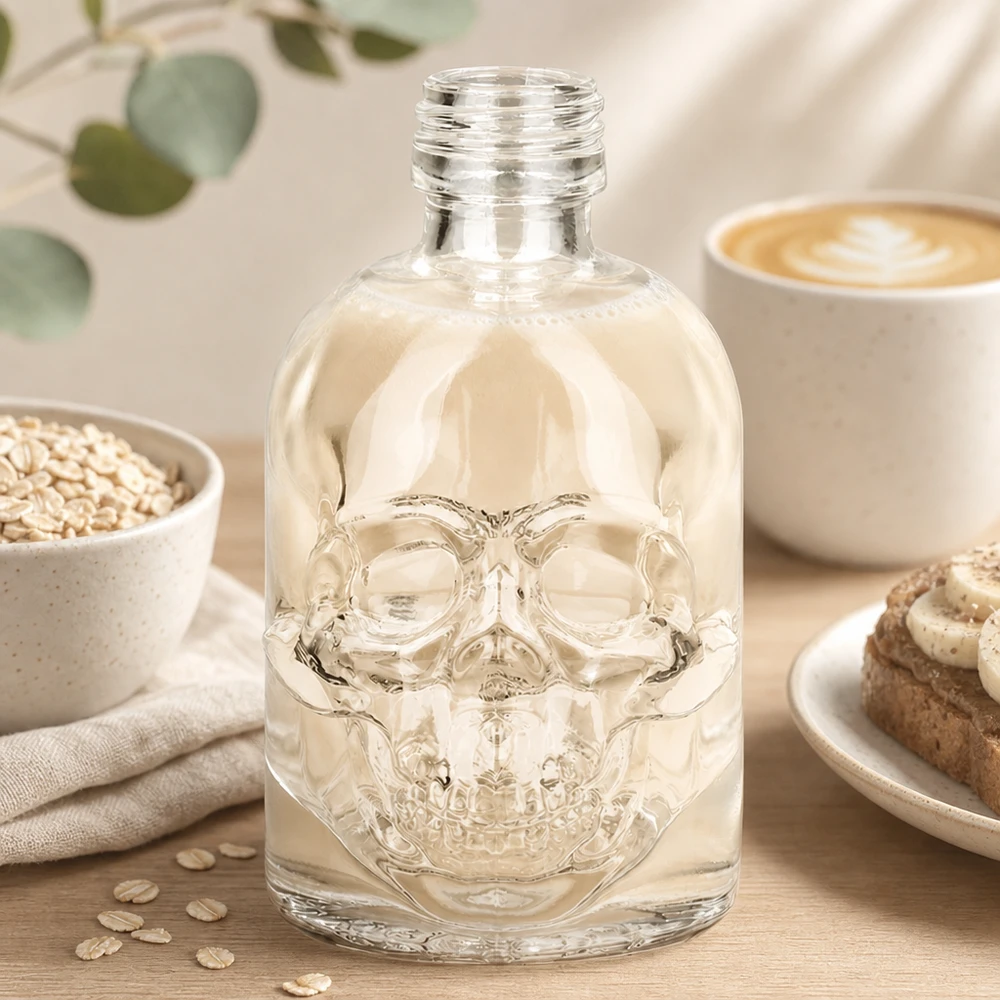 Glazen fles Hector 50ml schedelontwerp met lichtgekleurde inhoud op ontbijttafel tussen havermout en koffie UNiTWIST