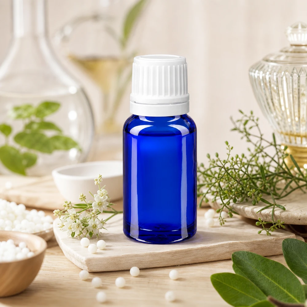 Blauwe farmaceutische druppelfles van 10 ml met veiligheidsdop voor natuurgeneesmiddelen