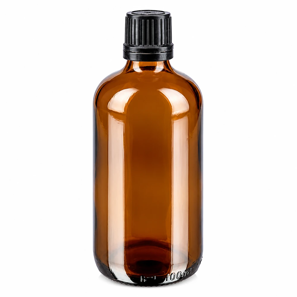 Lichtwerende bruine glazen fles van 100 ml met OV-sluiting, ideaal voor de farmacie en aromatherapie