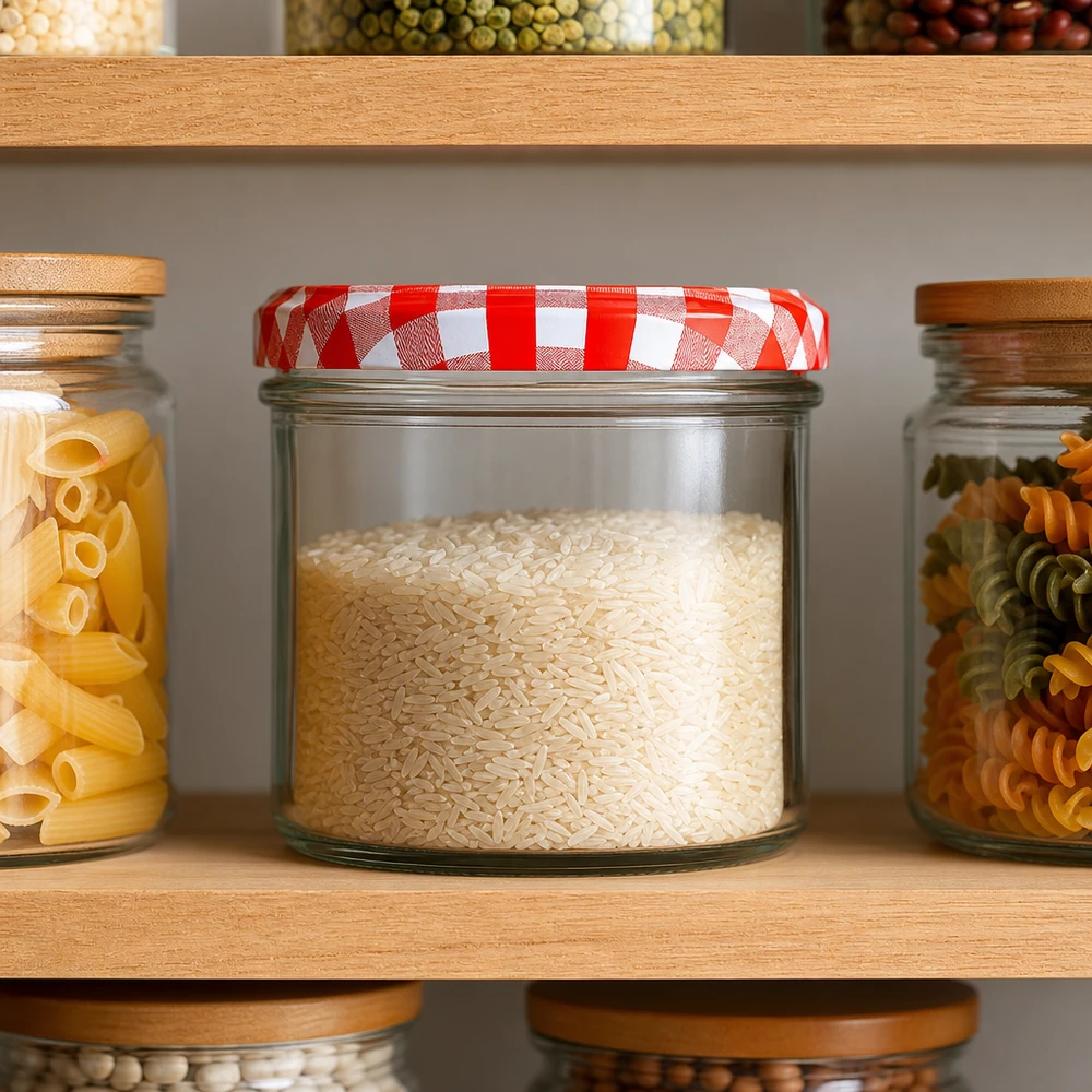 230ml cilindrische pot met BasicSeal deksel rood/wit UNiTWIST 230 ml cilindrische pot met rood en wit BasicSeal deksel gevuld met rijst in voorraadrek tussen pasta en peulvruchten