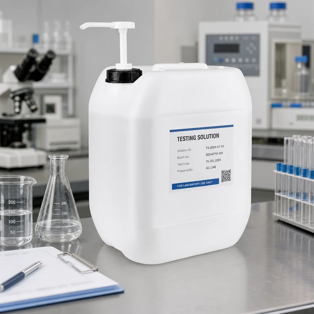 10l Jerrycan, UN-toelating, met doseerpomp Ruim 10 liter kunststof vat met pompdispenser in een professioneel laboratorium voor kwaliteitscontrole