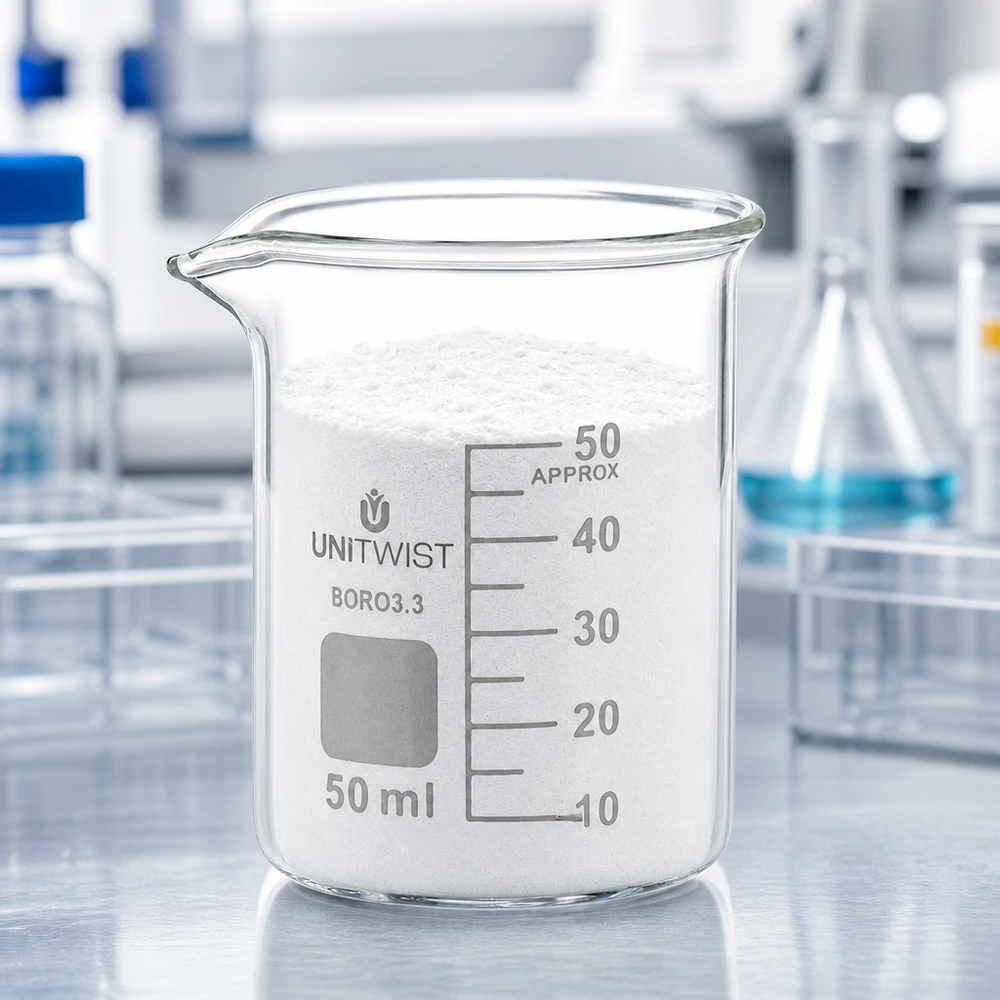Beker 50ml borosilicaat, lage vorm UNiTWIST Wit poeder in een UNiTWIST-bekerglas van 50 ml BORO 3.3 tegen een moderne laboratoriumachtergrond