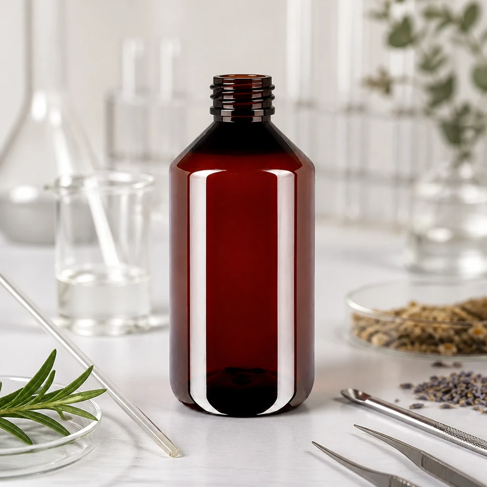 PET fles 750ml met blauwe verzegelstop Bruine PET-fles met brede hals van 750 ml en geribbelde schroefdraad in een professionele laboratoriumomgeving