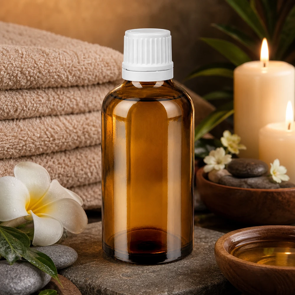 Flesje van 50 ml van UV-werend bruin glas met een witte veiligheidsdop voor aromatherapie