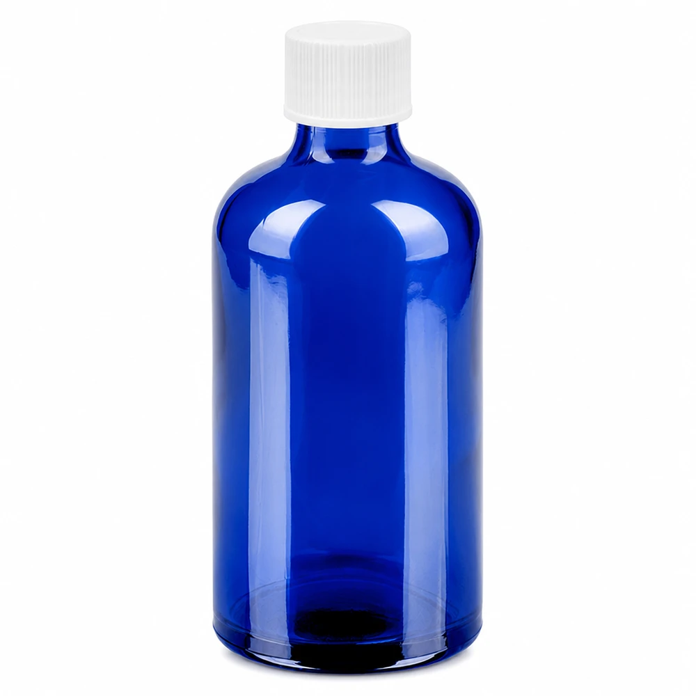 100ml fles 11mm SV wit STD BlueLine UT18/100 Klein 100ml flesje in helder blauw, perfect voor reisporties en proefmonsters