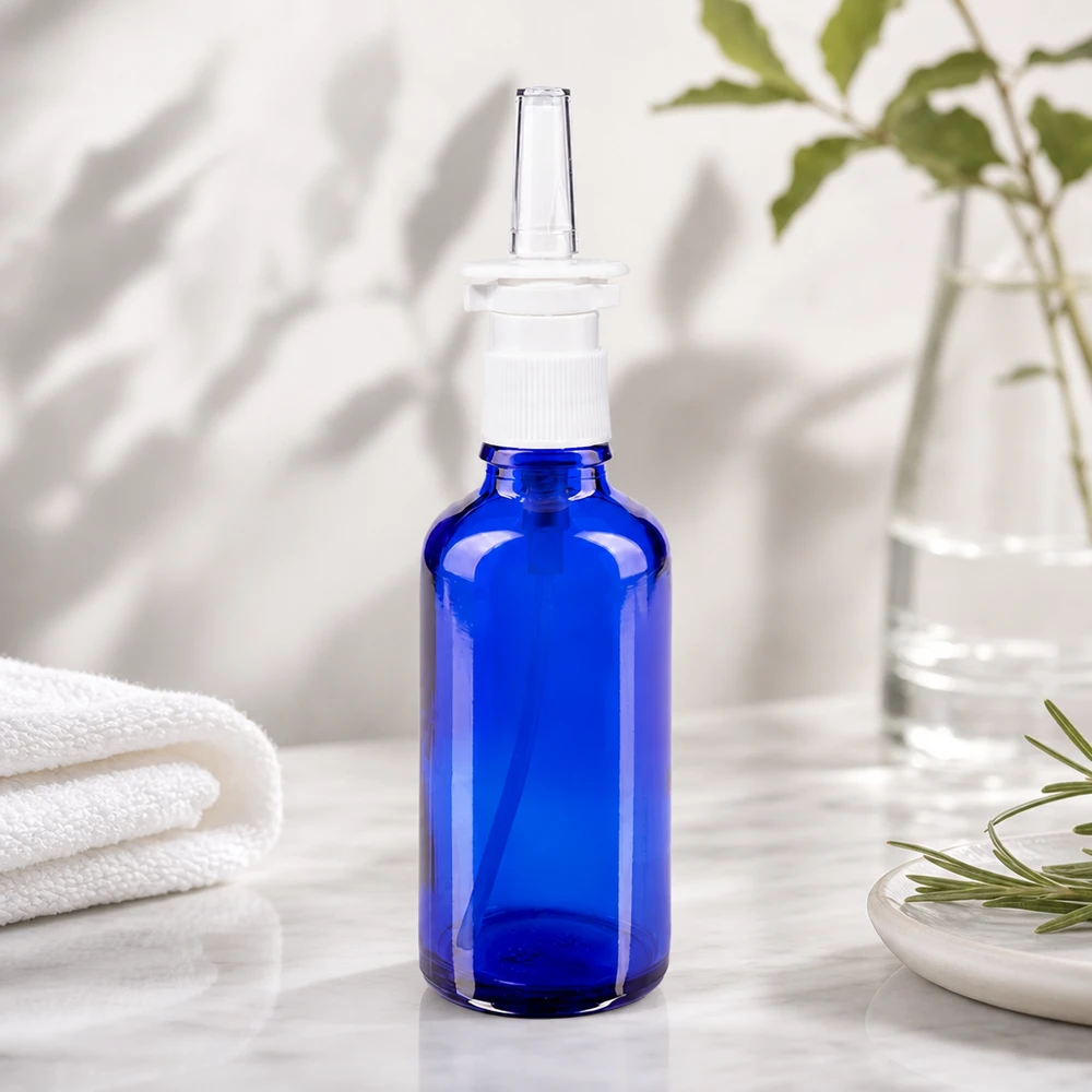 Blauwe glazen flessen 50ml met neusverstuiver Kobaltblauwe ApoGlas-fles van 50 ml met neusverstuiver en wit, transparant pompmechanisme