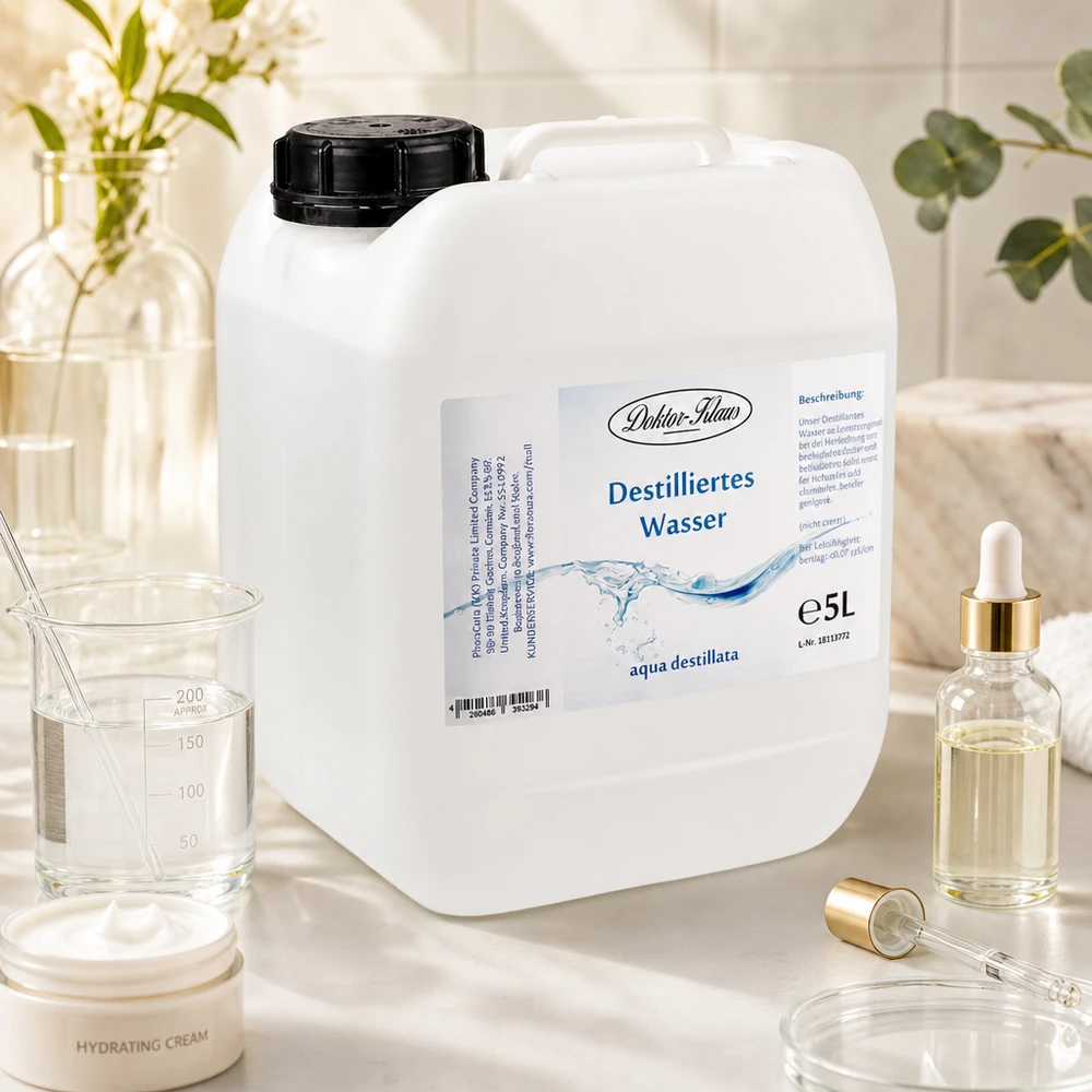 Doktor-Klaus gedestilleerd water 5L bus in cosmetische laboratoriumomgeving met glaswerk en pipetten