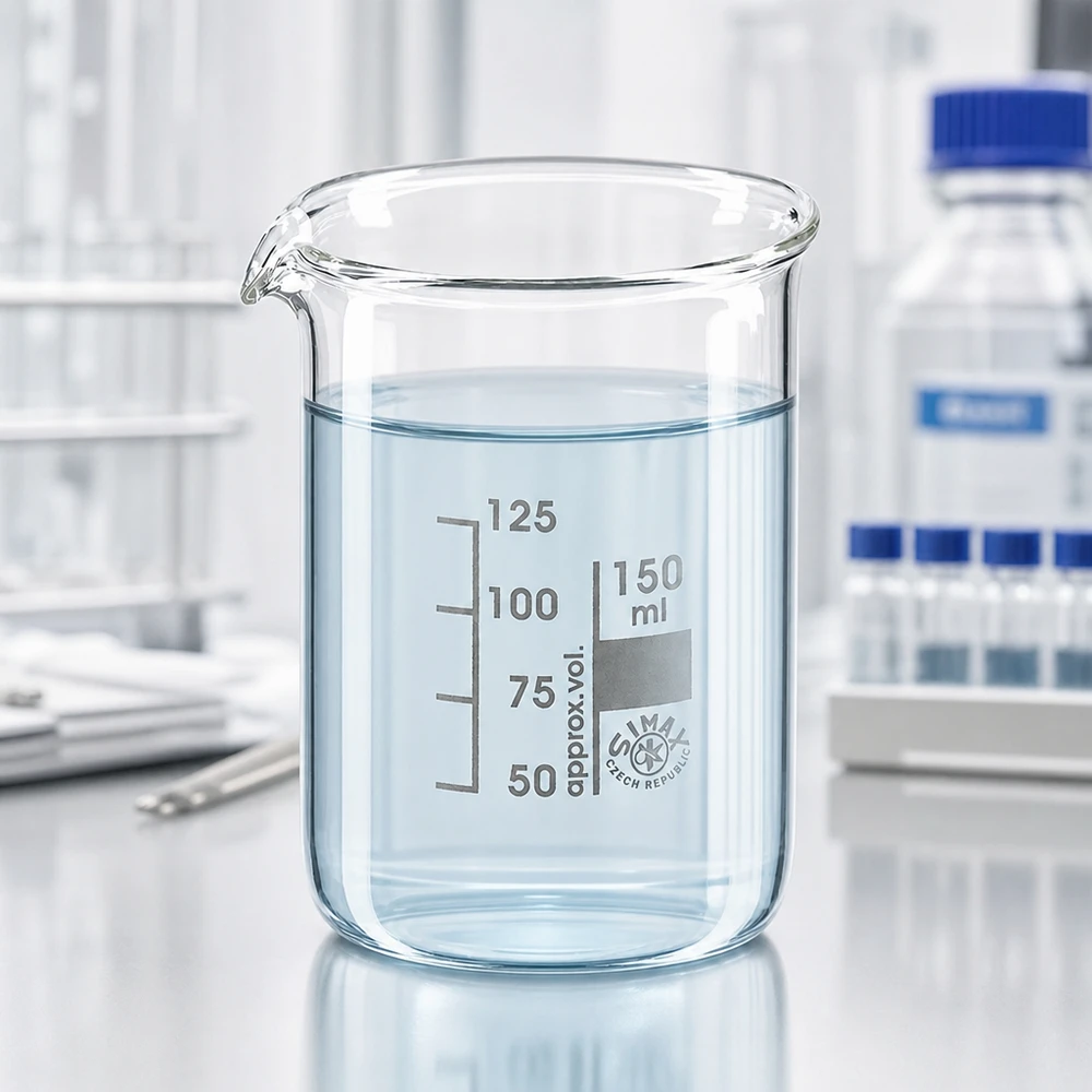 Transparant laboratoriumglas 150ml met schenktuit en milliliterverdeling voor wetenschappelijke toepassingen