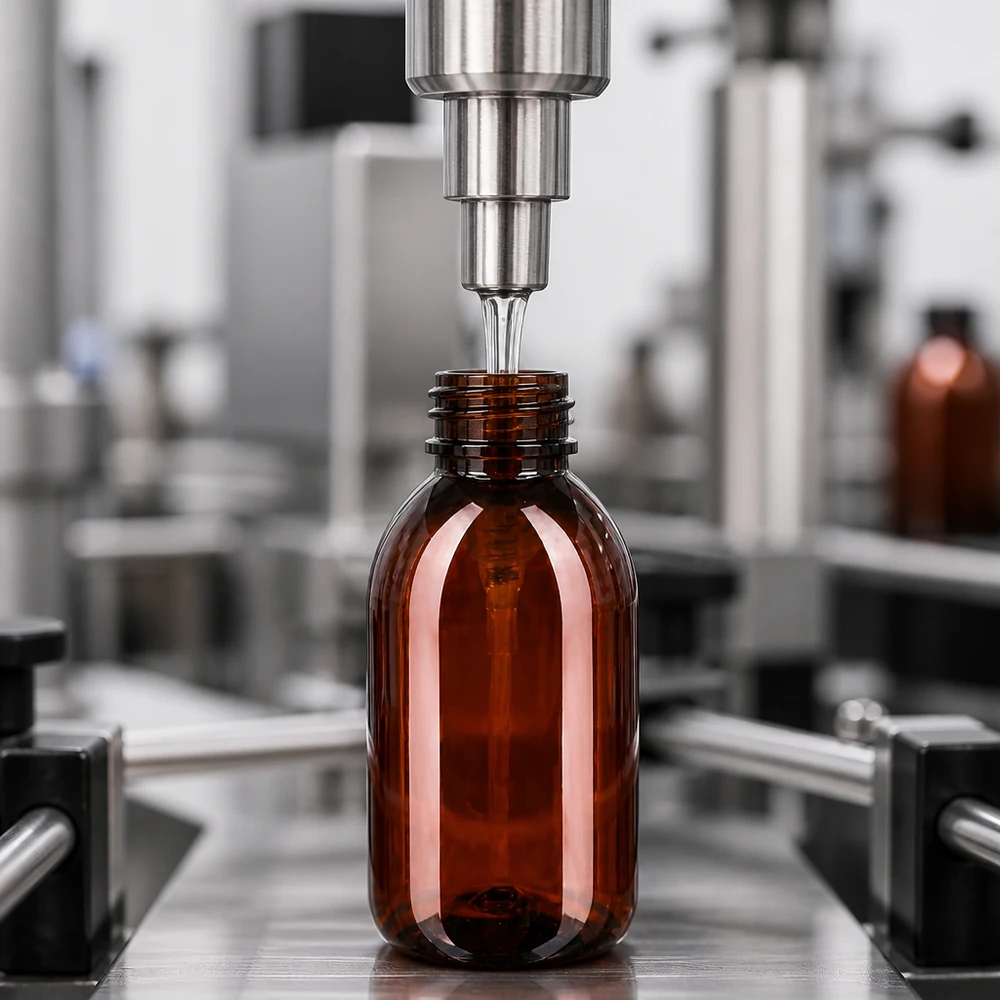 PET-fles 250ml met dispenserpomp zwart Amberkleurige PET-fles van 250 ml met brede schroefdraad in een geautomatiseerde productieomgeving