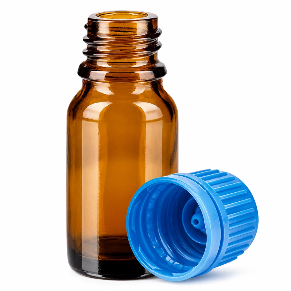 Compact amberkleurig glazen flesje van 10 ml met blauwe dop, ideaal voor aromatherapie en laboratoriumtoepassingen