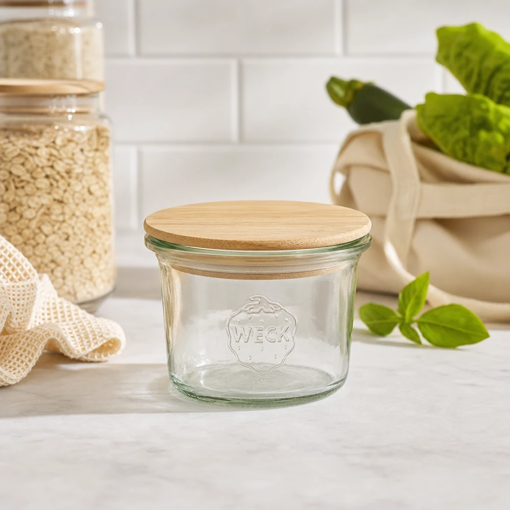 WECK-mini stortglas 35ml met hout deksel WECK mini mason jar 35ml RR40 met bamboe houten deksel in duurzame keuken met voorraadpotten en groene planten