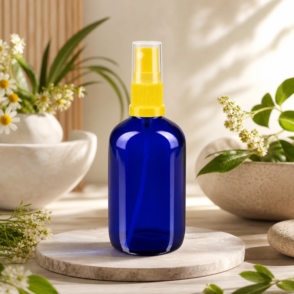 Blauwe glazen flessen 100ml met geel pompverstuiver Kleine blauwe spuitfles van 100 ml, gemaakt van apothekersglas, met een gele dop die bescherming biedt tegen licht