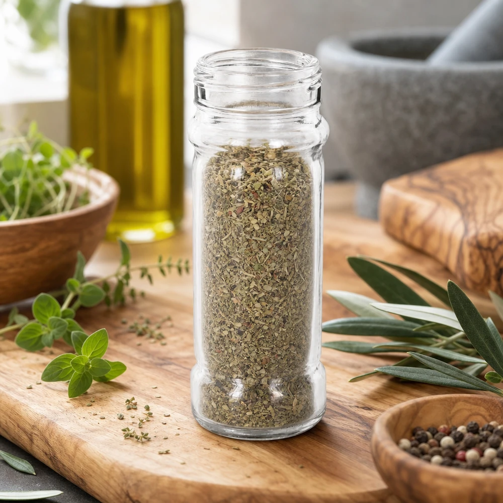 Specerijenglas, cilindervorm 100 ml met 41 mm schroefdraad, helder glas, zonder sluiting Compact glazen potje van 100 ml voor kruiden en zout met een brede schroefdraad van 41 mm – Vergelijking van afmetingen in de keuken