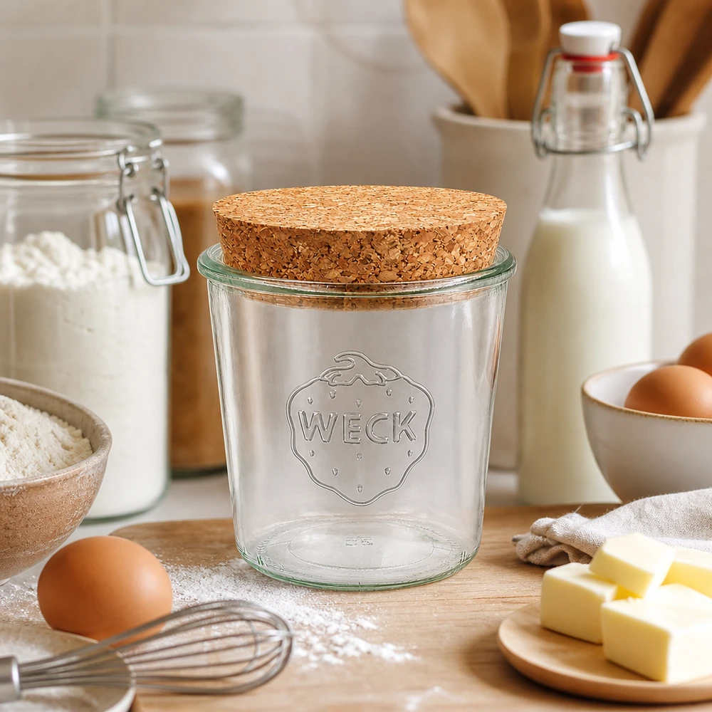 WECK 580ml RR100 metselpot met natuurkurk in bakkeuken, gerangschikt tussen bloem, eieren, boter en melk om te bakken