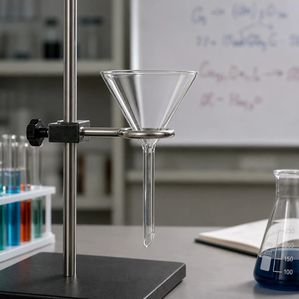 Transparante laboratoriumtrechter van robuust natronkalkmateriaal met 60 mm opening voor chemische experimenten