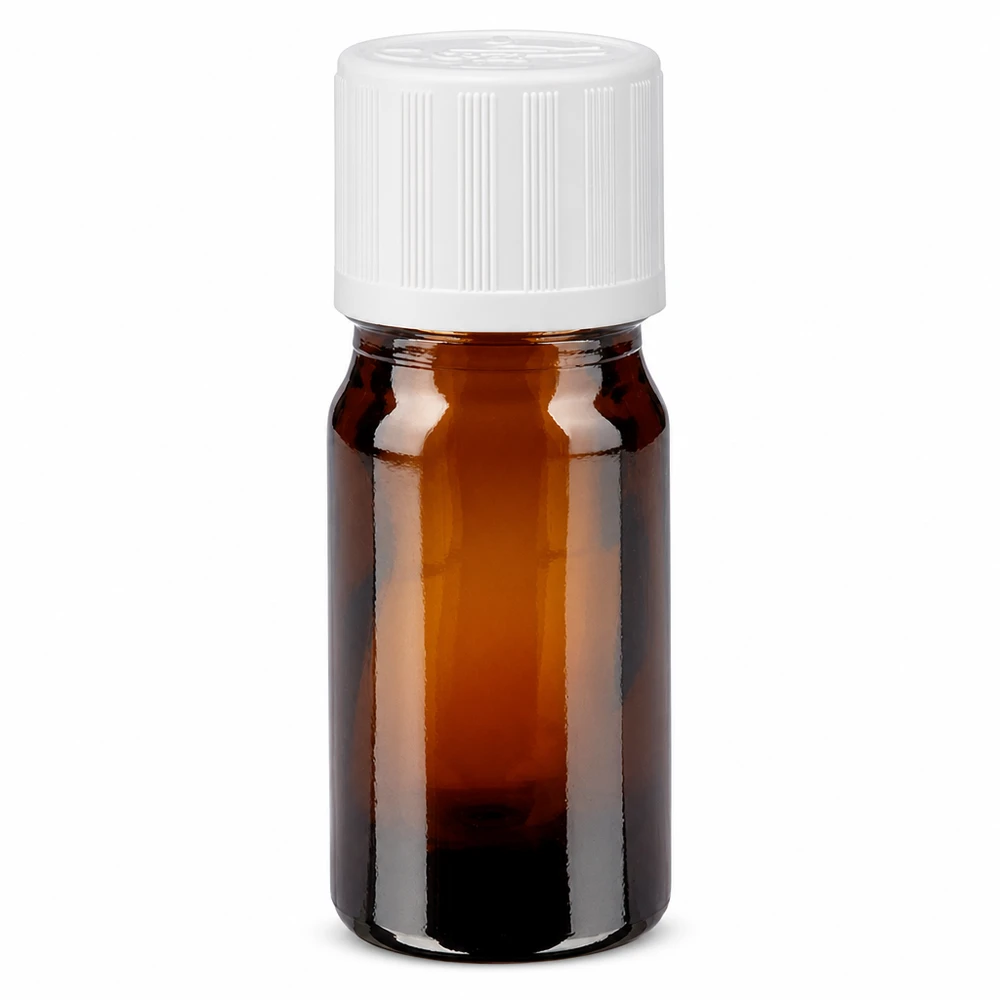 Bruin glazen flesje van 5 ml voor apotheken, met witte KiSi-dop en UV-bescherming, bruin glas