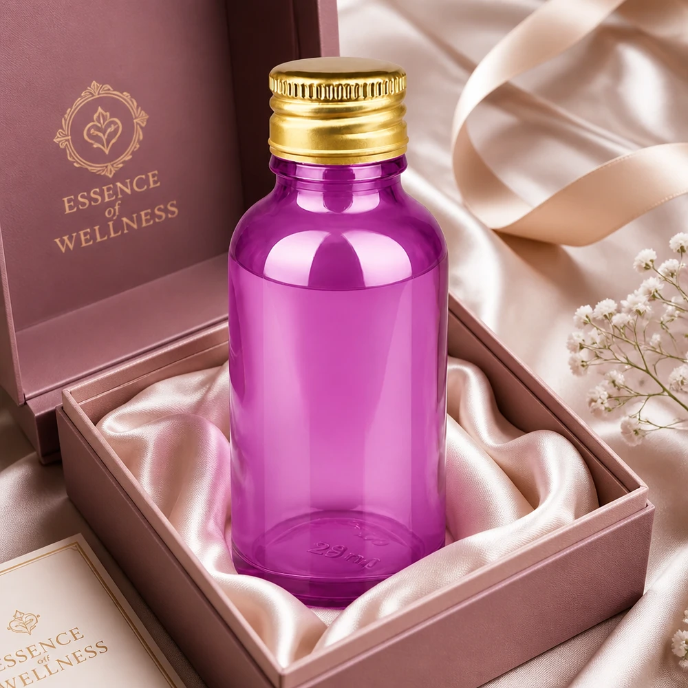 30ml flacon 11mm schroefdop aluminium gouden standaard PurpleLine. UT18/30 30 ml violet glas met UV-bescherming en elegante goud-aluminium dop voor optimaal behoud van het product