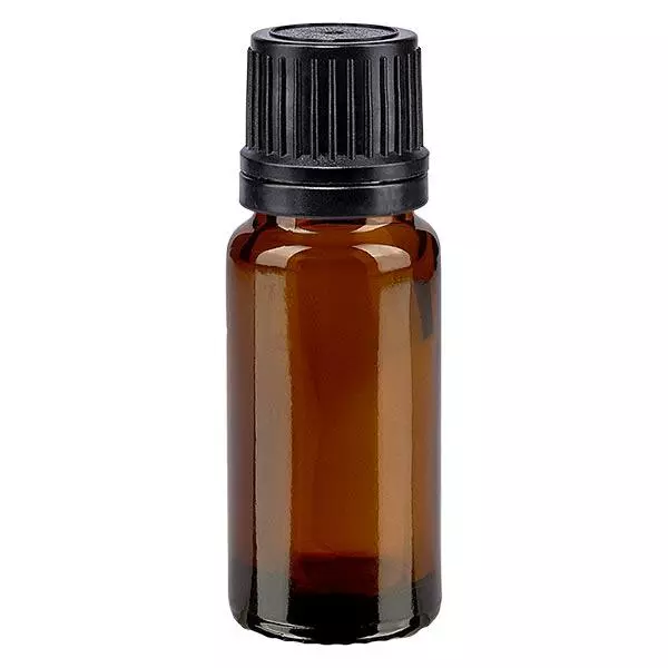 Bruine glazen fles 10ml met zwart schroefsluiting globuli uitgietring VR Bruine glazen fles 10ml met zwart schroefsluiting globuli uitgietring VR