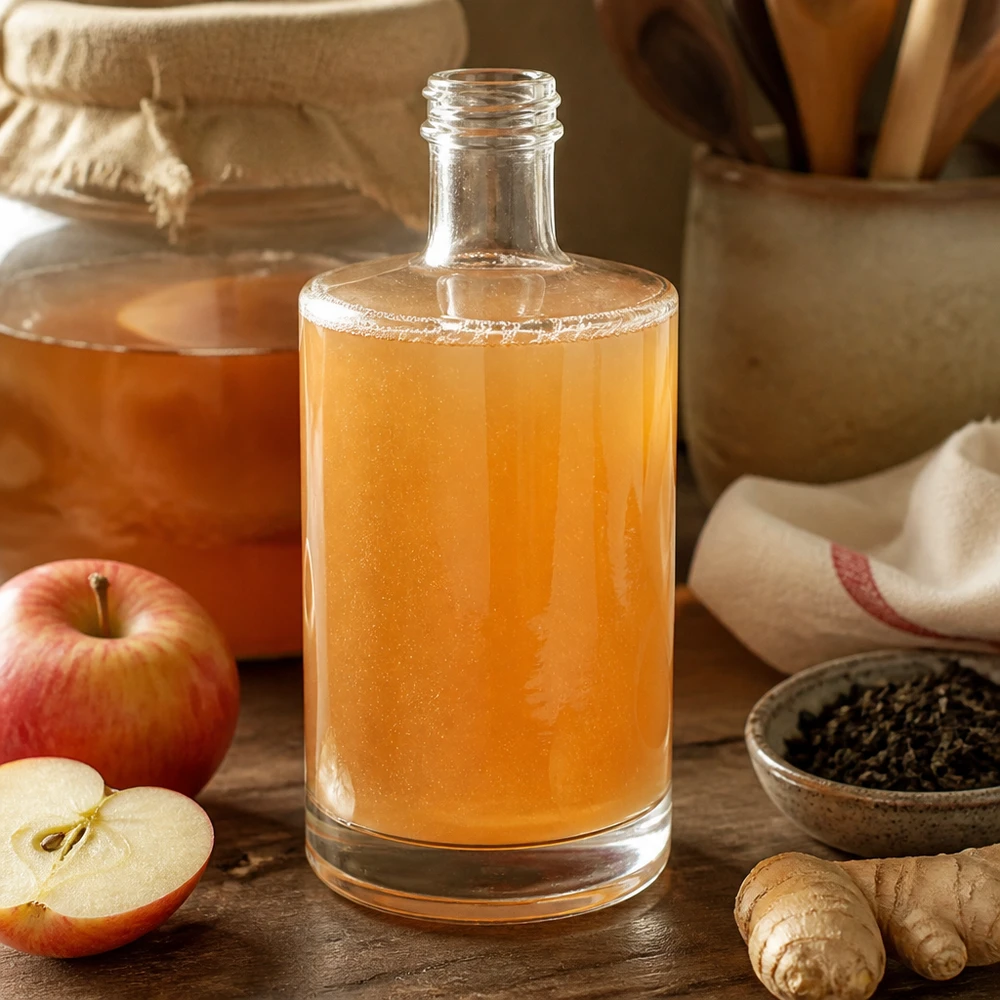 500 ml glazen fles Sam zonder schroefdop UNiTWIST® 500ml Glasflasche Sam mit hausgemachtem Kombucha befüllt neben Äpfeln und Ingwer rustikale Küchen Atmosphäre