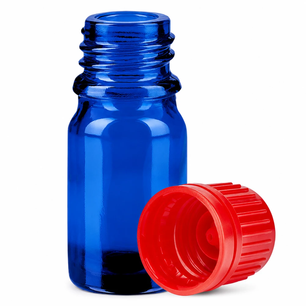 5ml monsterflesje van blauw glas met dichte 11mm dop rood UT18/5