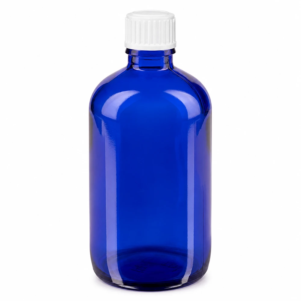 Blauwe glazen flessen 100ml met wit schroefsluiting St Blauwe farmaceutische fles van 100 ml van UV-bestendig glas met een witte standaarddop van 11 mm