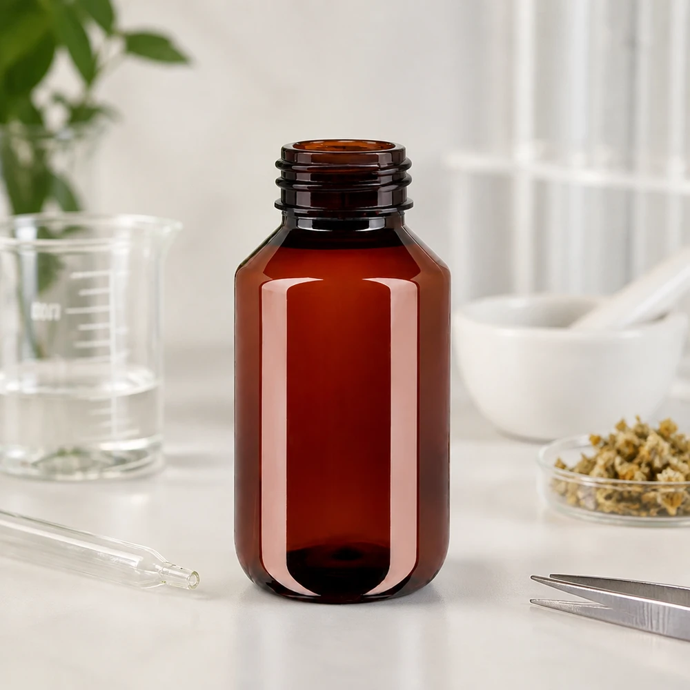 Stevige PET-fles met smalle hals, 100 ml, bruin, met veiligheidsschroefdraad voor laboratoriumchemicaliën