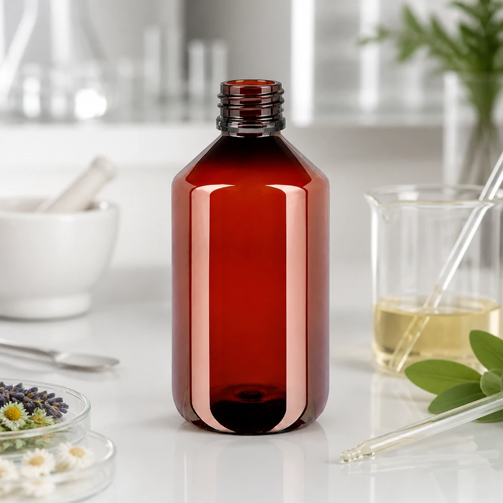 PET-fles 500ml met zwarte spuitdop OV Braune Kunststoffflasche 500ml mit Gewindehals neben Mörser und Glaslaborzubehör