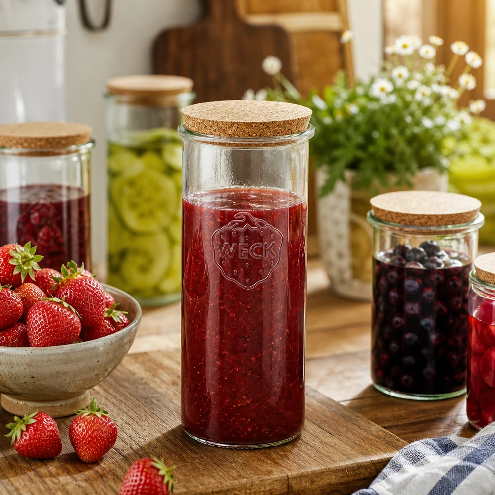1500ml stortglas WECK RR100 met kurk WECK voorraadpot 1500ml gevuld met aardbeienjam Keukensfeer Natuurlijk kurkdeksel Inmaakpot Toepassing