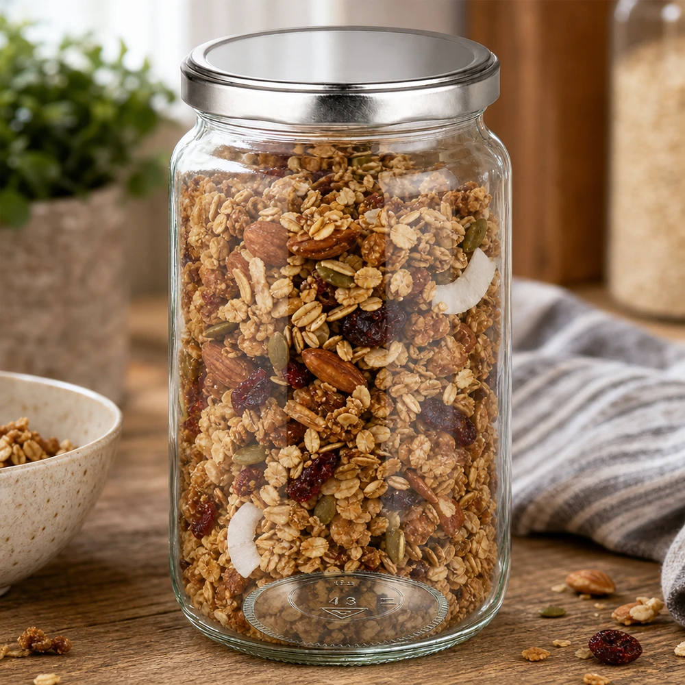 795 ml ronde pot gevuld met muesli en noten toont praktisch gebruik als voorraadpot voor voedsel