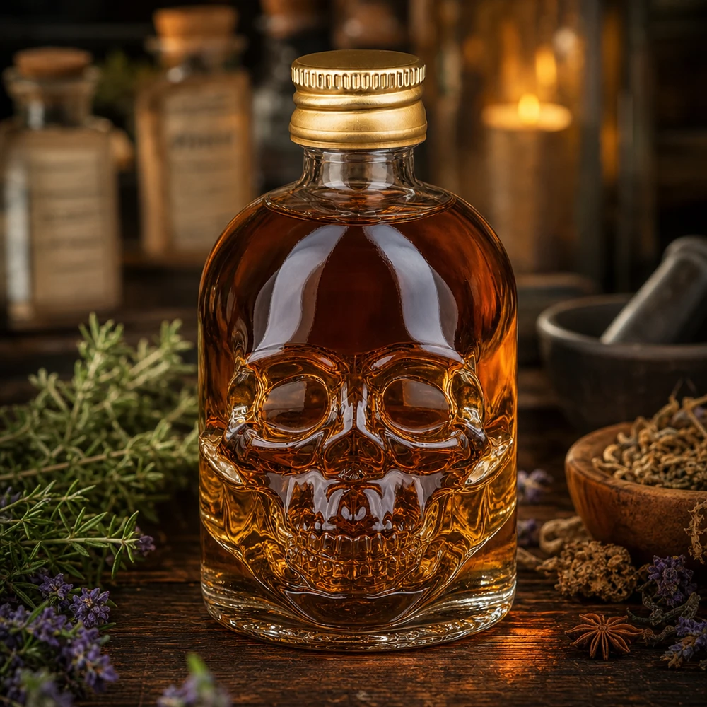 50 ml glazen fles Hector en schroefdop goud UNiTWIST® 50 ml glazen fles Hector schedelontwerp met kruiden specerijen en apotheekachtige sfeerverlichting