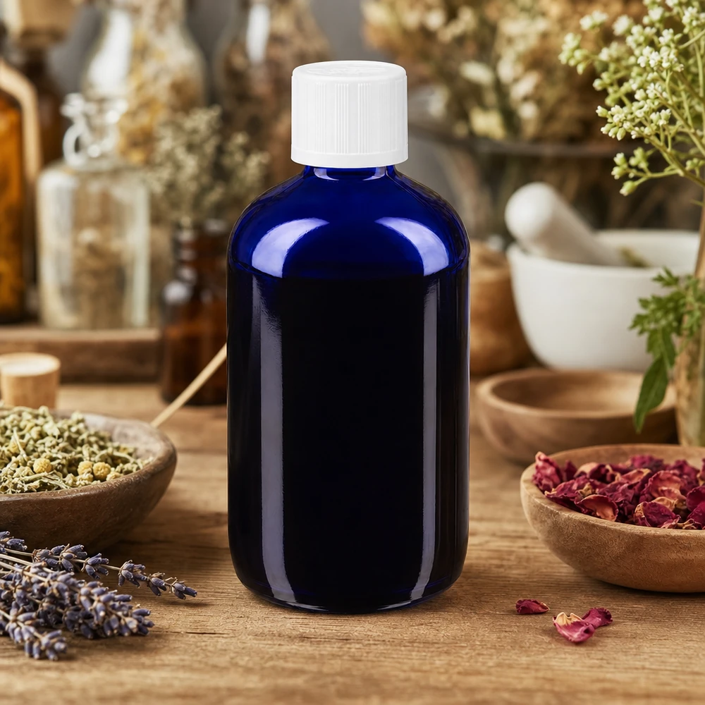 Blauwe glazen fles van 100 ml met een druppelaar van 1,2 mm voor etherische oliën en natuurlijke cosmetica