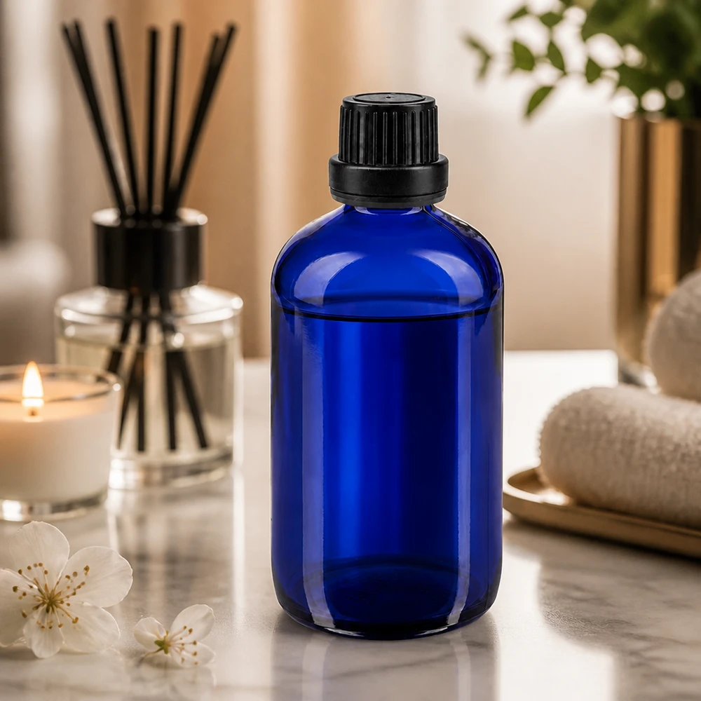 Blauwe apothekersfles van borosilicaatglas, 100 ml, met originele kindveilige sluiting
